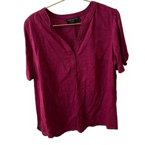Lane Bryant Womens Top Burgundy Embroidered V Neck Short Sleeve Blouse